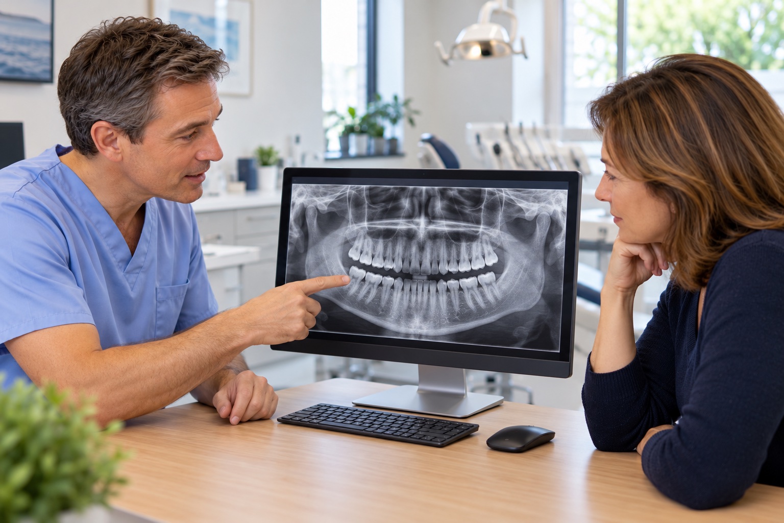 Un chirurgien-dentiste explique une radiographie panoramique affichée sur un écran à une patiente.