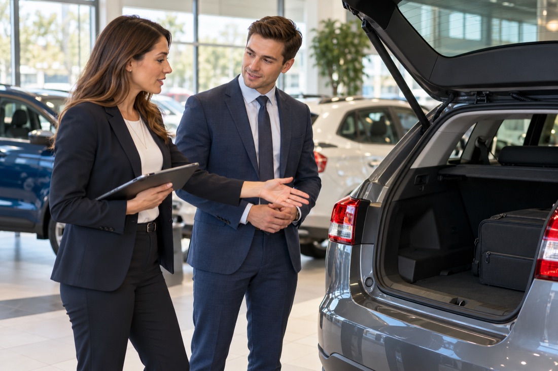Un conseiller automobile sans barbe échange avec une cliente près d’une voiture familiale.