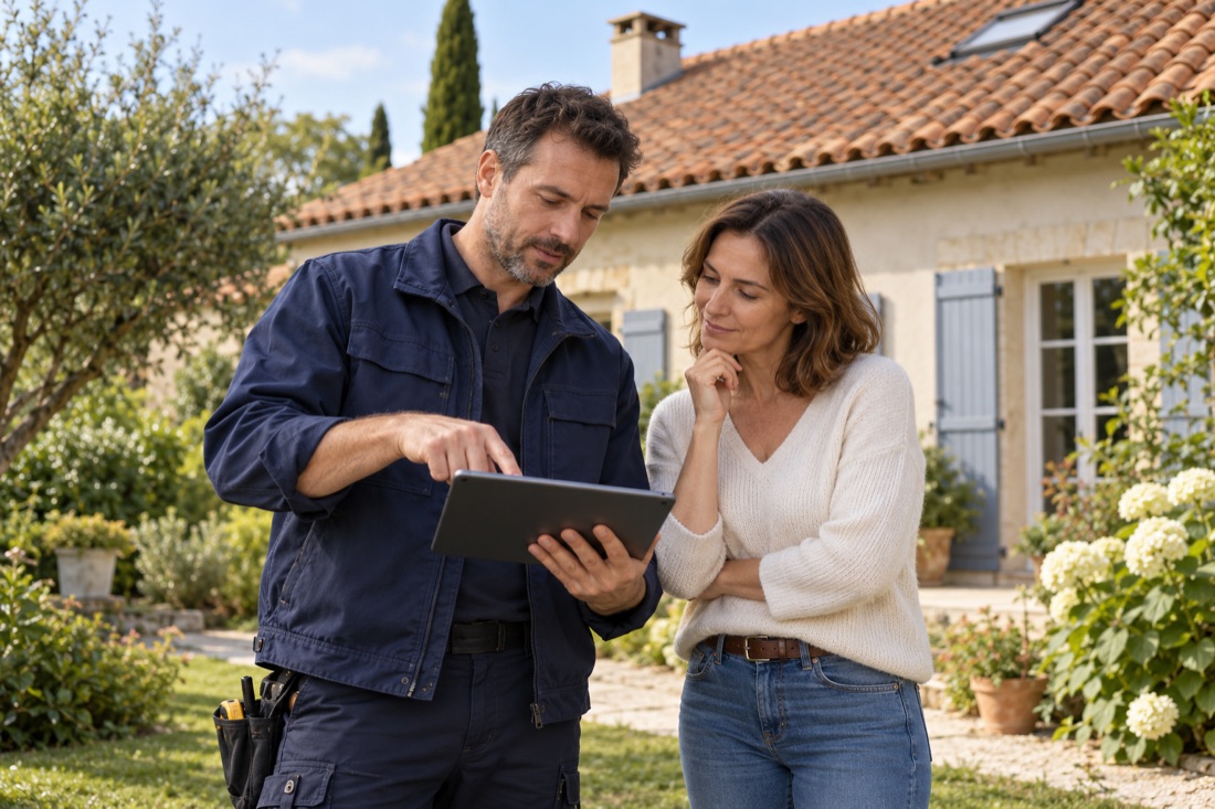 Un couvreur échange avec une cliente devant une maison à toiture en tuiles.
