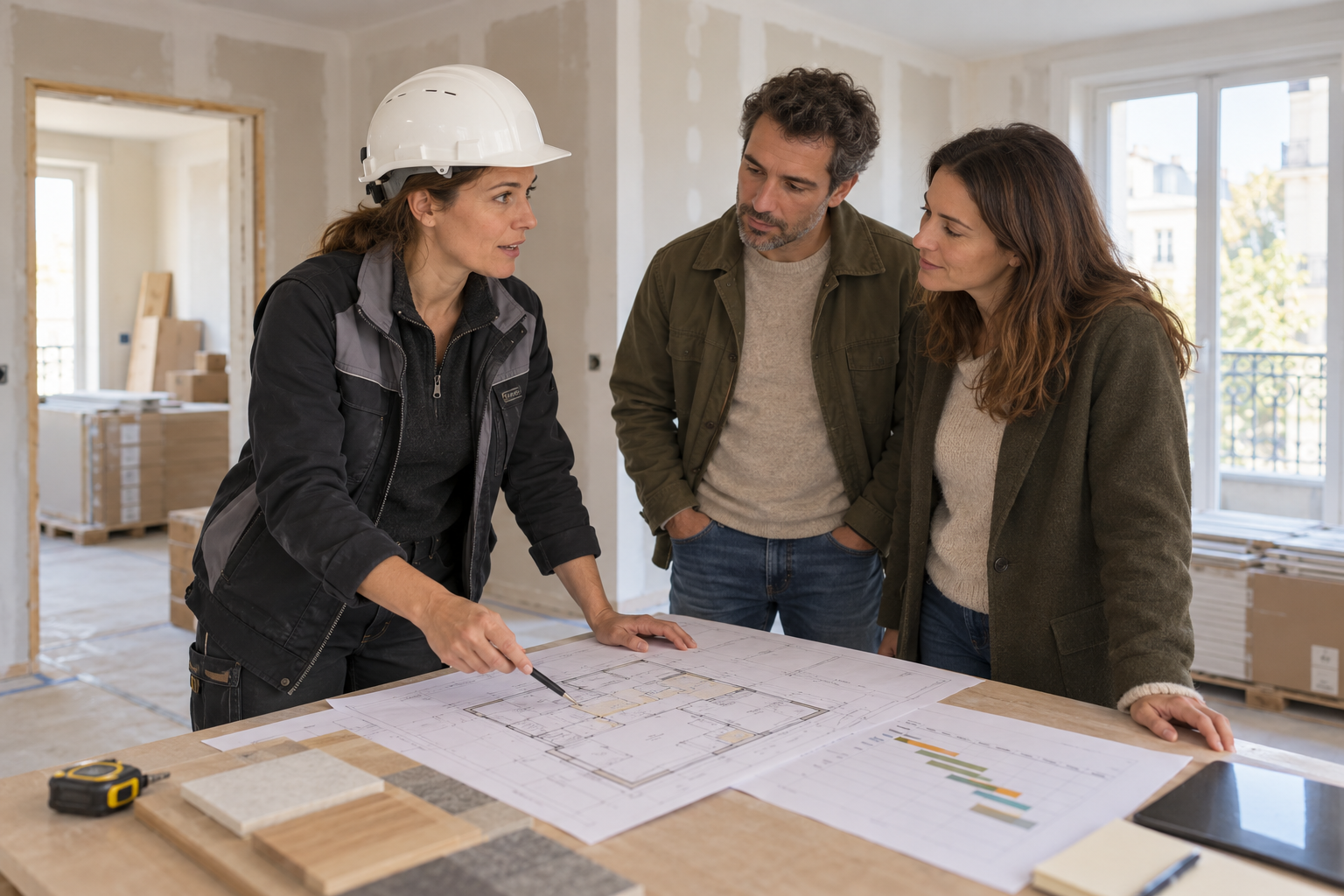 Une responsable de chantier explique un plan de rénovation et son organisation à deux clients.