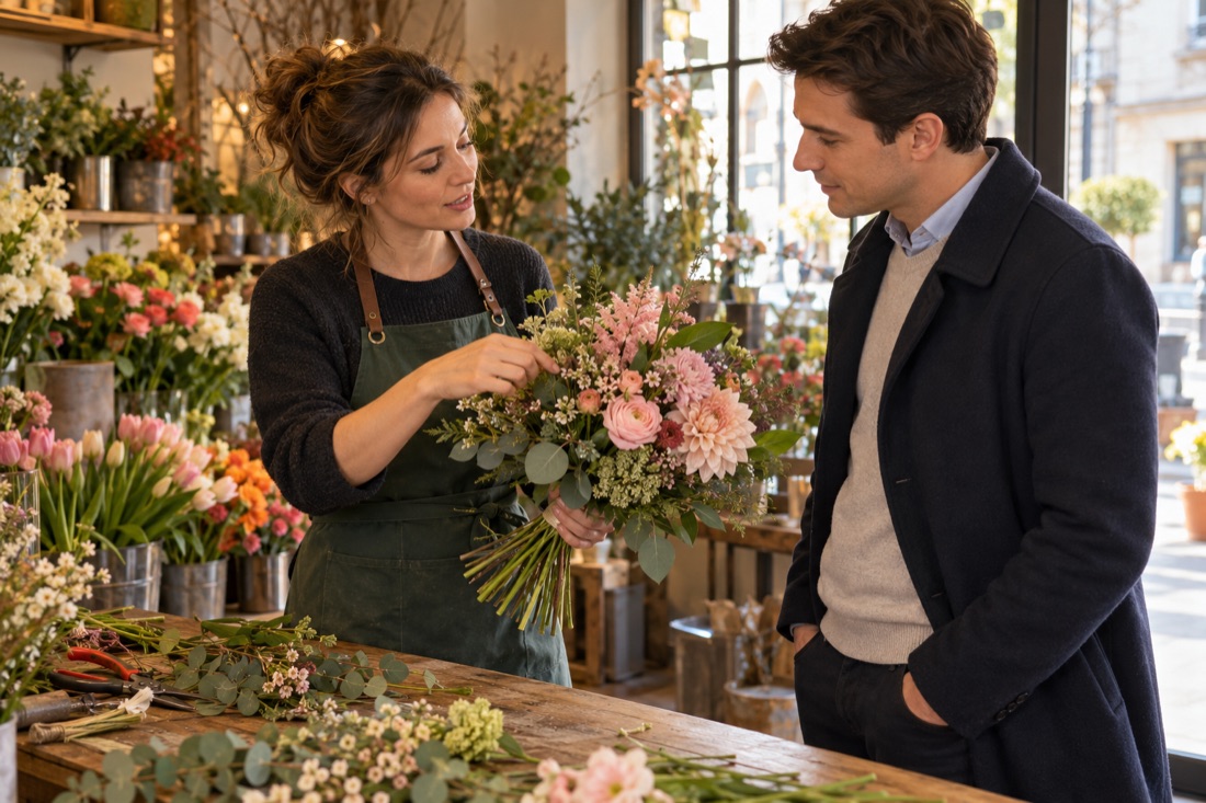 Une fleuriste conseille un client sur une composition de fleurs de saison.