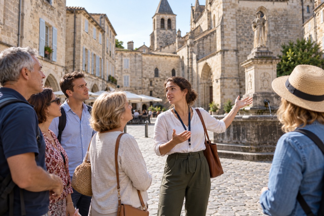 Une guide présente une place ancienne à un petit groupe de visiteurs adultes.