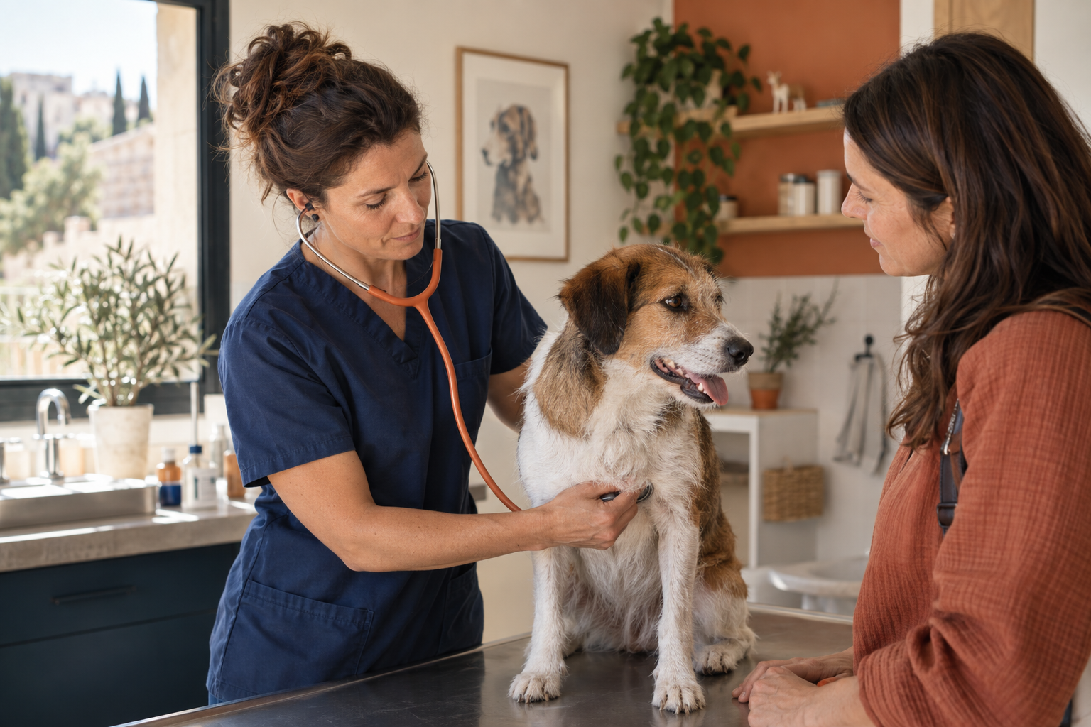 Une vétérinaire examine un chien et explique son diagnostic à sa propriétaire