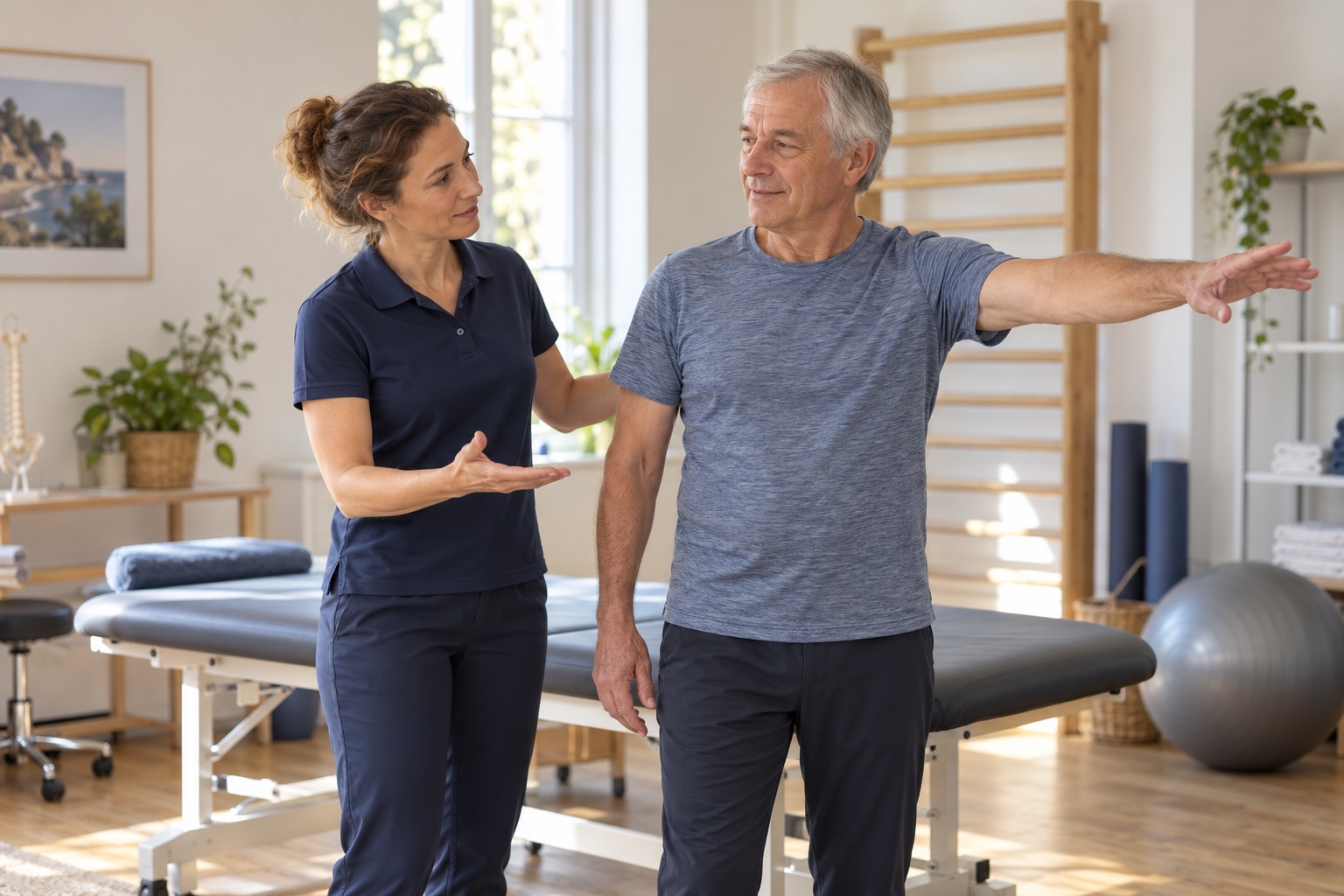 Une kinésithérapeute accompagne un patient dans un mouvement au cabinet.