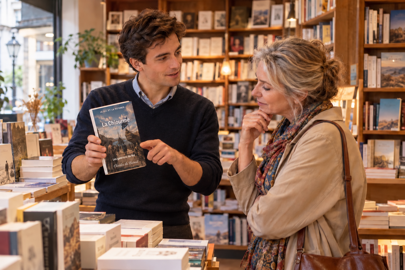 Un libraire présente La Chiourme, de Charles du Barail, à une lectrice.