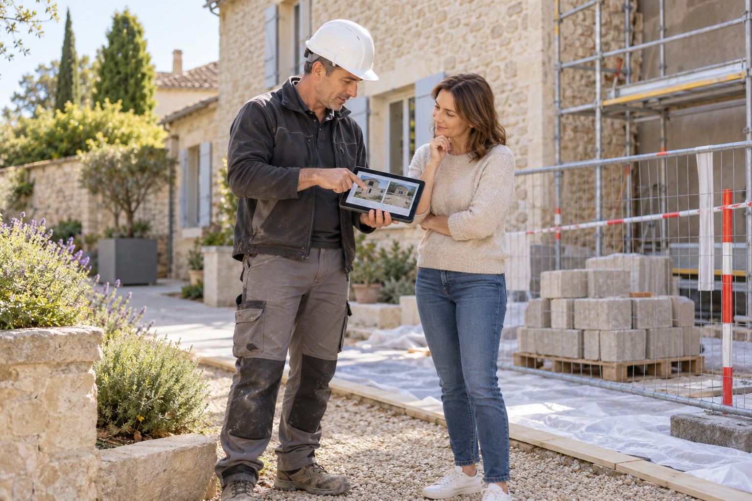 Un maçon montre des photos de chantier à une cliente, près d’une zone de travaux protégée.
