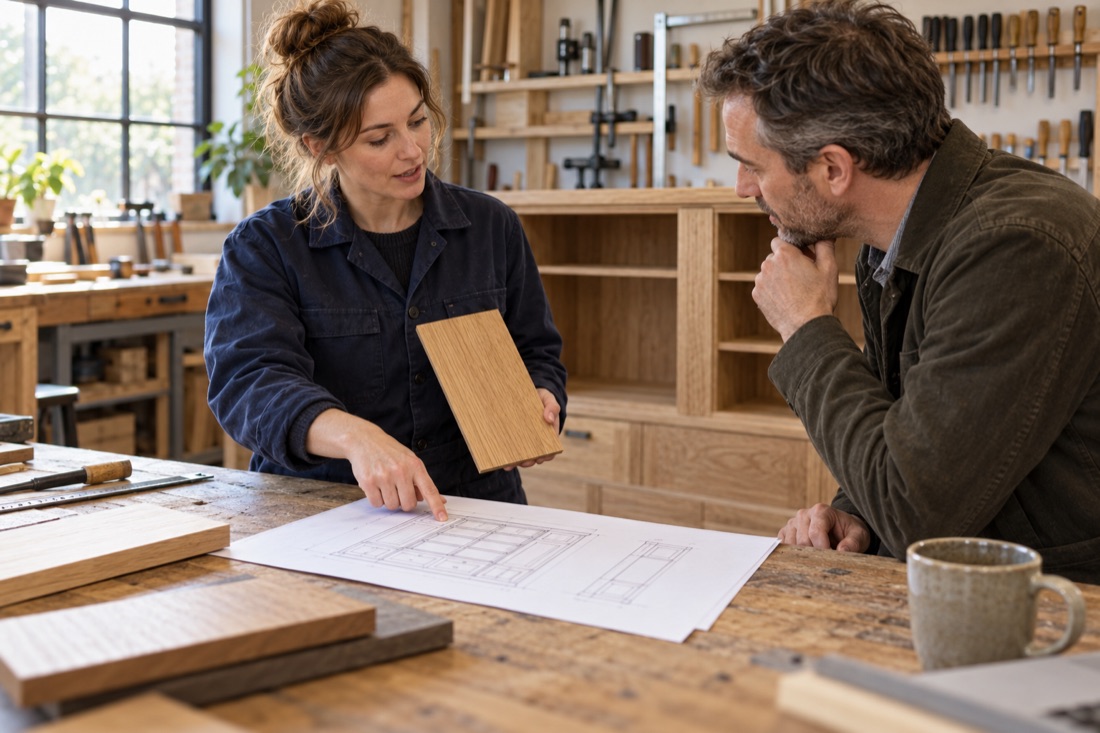 Une menuisière présente un échantillon de bois et un dessin de meuble à un client dans son atelier.
