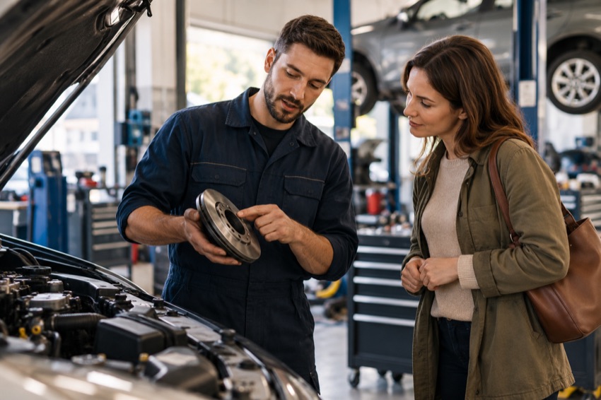Un professionnel de l’automobile échange avec un client dans son atelier.