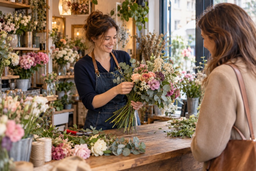 Une professionnelle prépare un bouquet dans une boutique de fleurs.