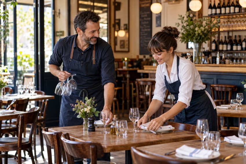 Des professionnels préparent l’accueil dans un restaurant.