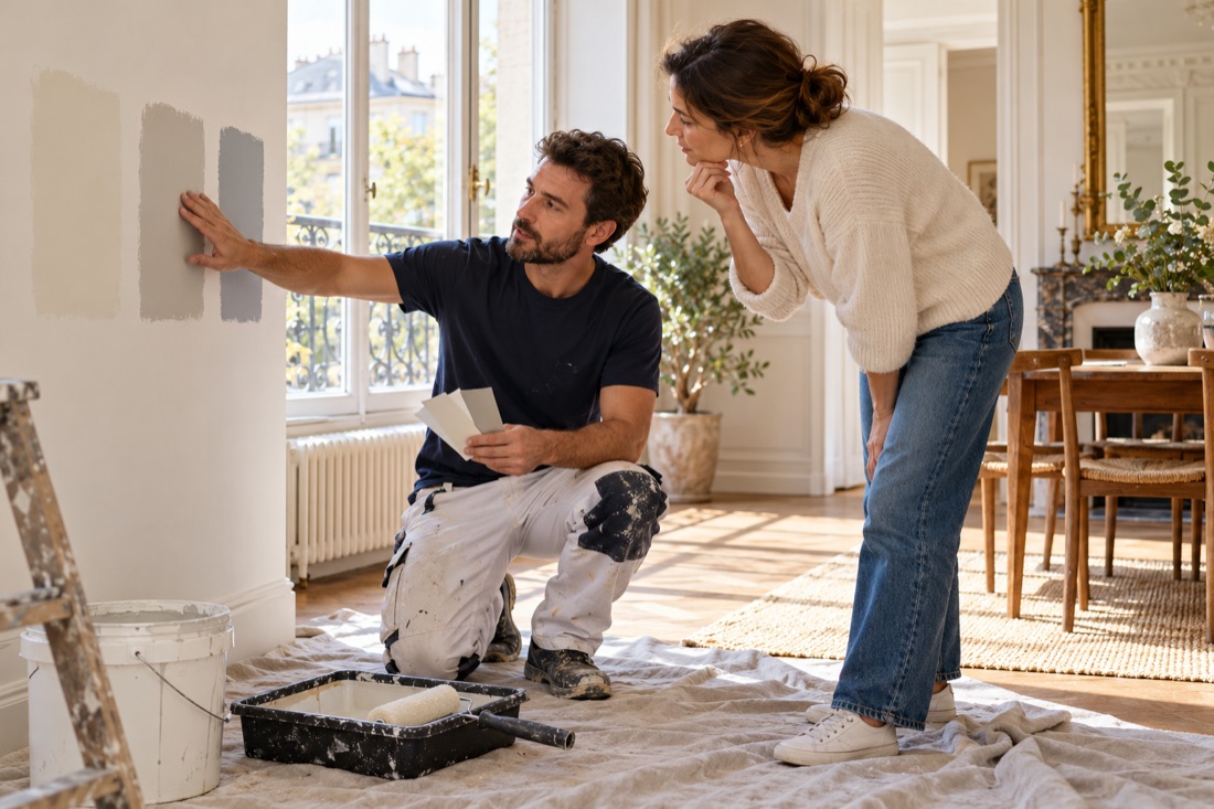 Un peintre et une cliente comparent des échantillons de teintes sur un mur, dans une pièce protégée pour les travaux.