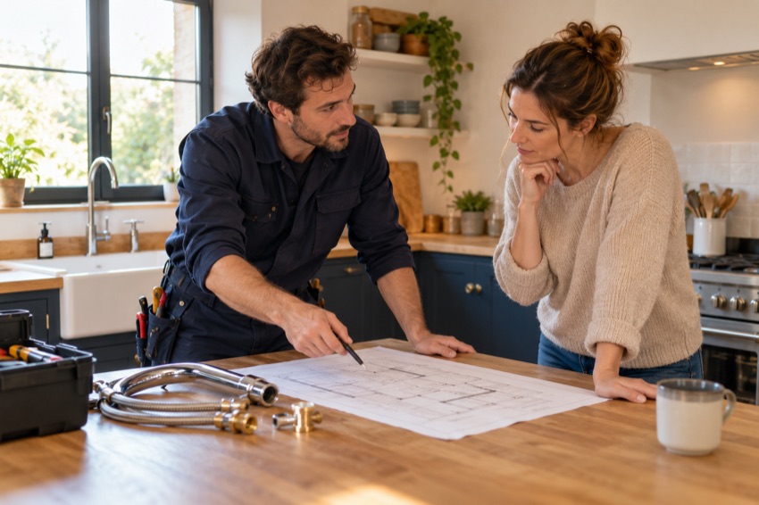 Un plombier et une cliente examinent ensemble un projet dans une cuisine.